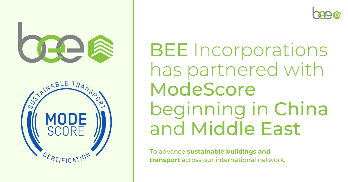 BEE and ModeScore Partnership Card · BEE Incorporations BEE and ModeScore partnership card noting sustainable buildings and transport work across BEE's international network